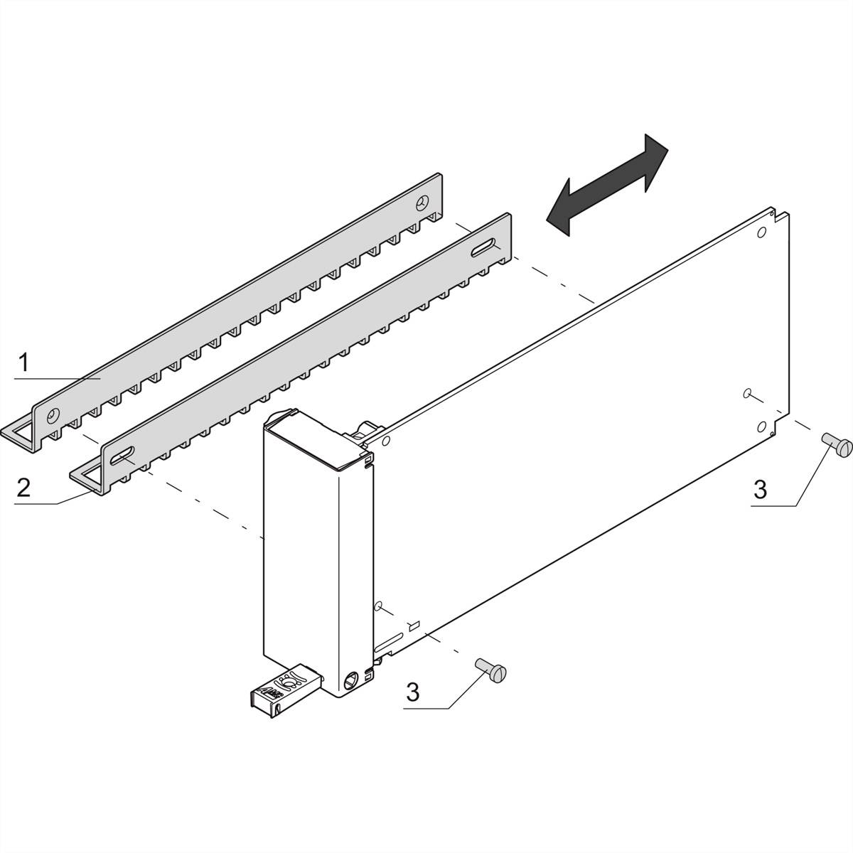 Diagramm eines Baukastenteils mit Pfeil zum Verschieben. Nummerierte Teile sind links (1), unten links (2) und rechts (3).