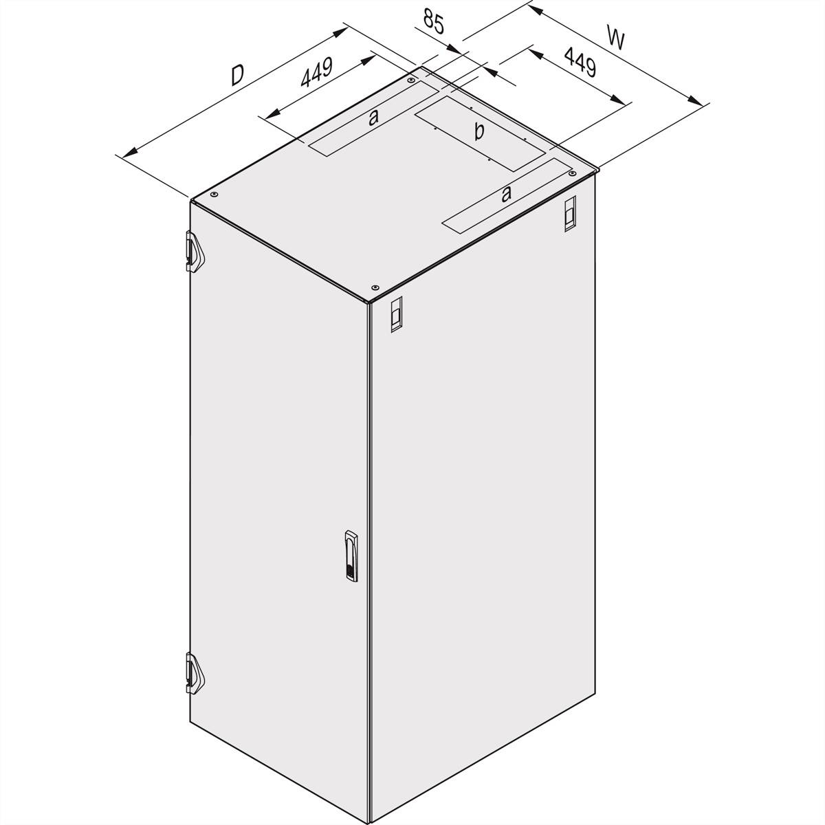 Schaltschrankschema mit Maßen: Tiefe 'D' 449 mm, Breite 'W' 449 mm, obere Fahrbahn 'a', mittlere Fahrbahn 'b' je 85 mm.