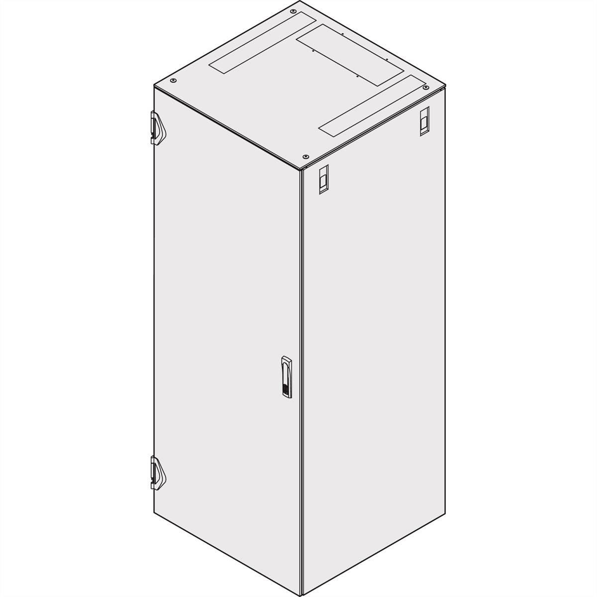 Illustration eines rechteckigen Metallgehäuses mit geschlossener Tür und Griff. Vorder- und Oberseite mit Kanten und Scharnieren.