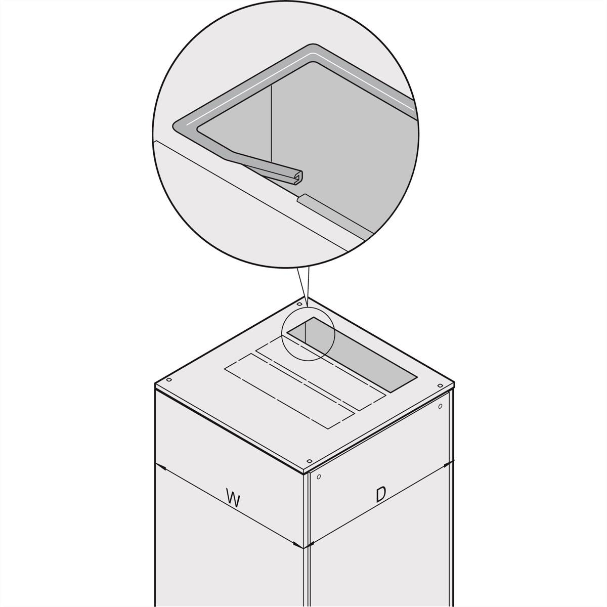 Illustration eines Behälters mit Fokus auf einem Scharnier im geöffneten Deckel, zeigt Innenmechanismus.