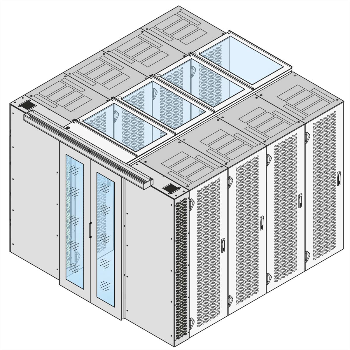 Ein 3D-Diagramm eines geschlossenen Rechenzentrums mit mehreren Server-Schränken, einer Glastür vorne und einer belüfteten Decke.