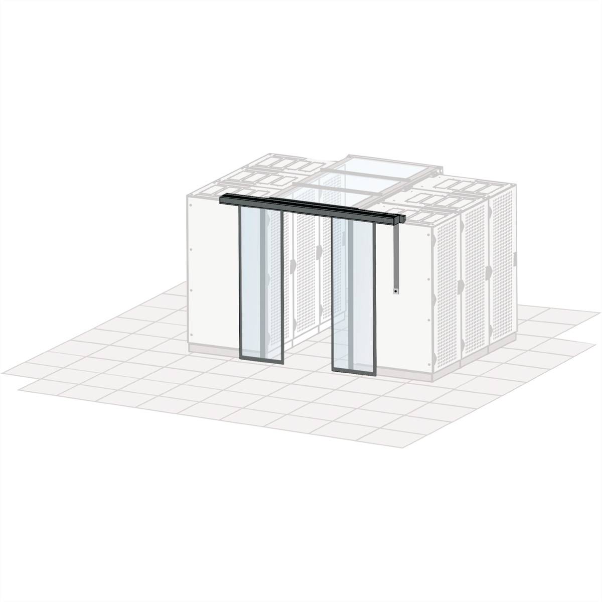 Ein schematisches Diagramm eines rechteckigen Serverraums mit Glas-Schiebetüren und Lüftungseinheiten an den Seiten.