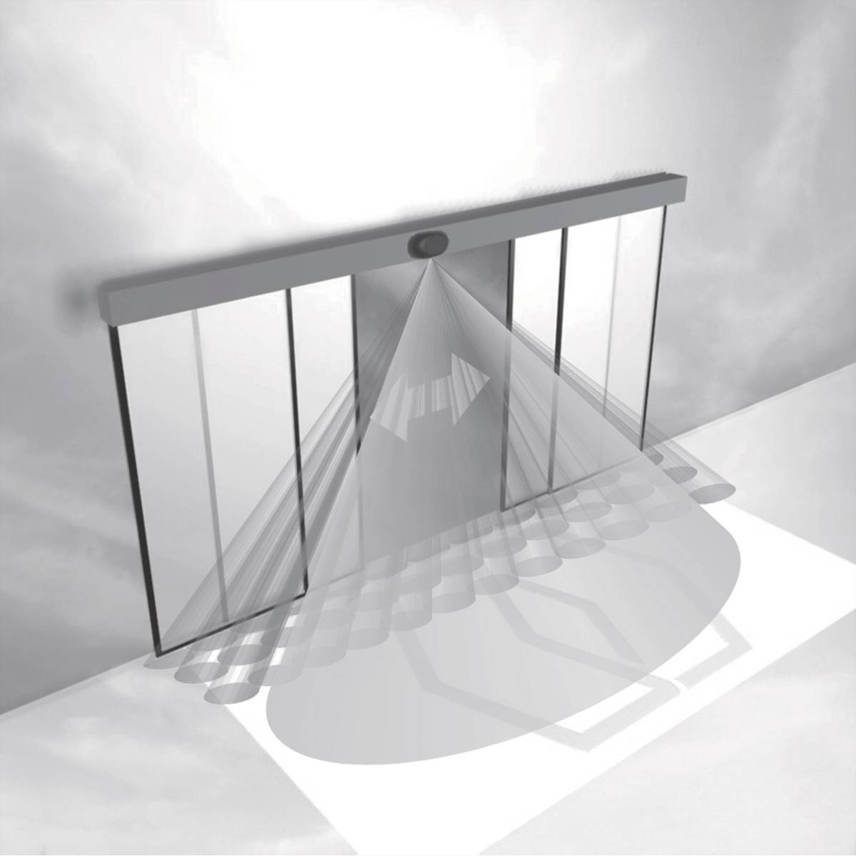 Automatische Schiebetür mit Sensoren, die Öffnungsbereich erfassen. Tür besteht aus Glas und wird von einem Sensor oben in der Mitte gesteuert.