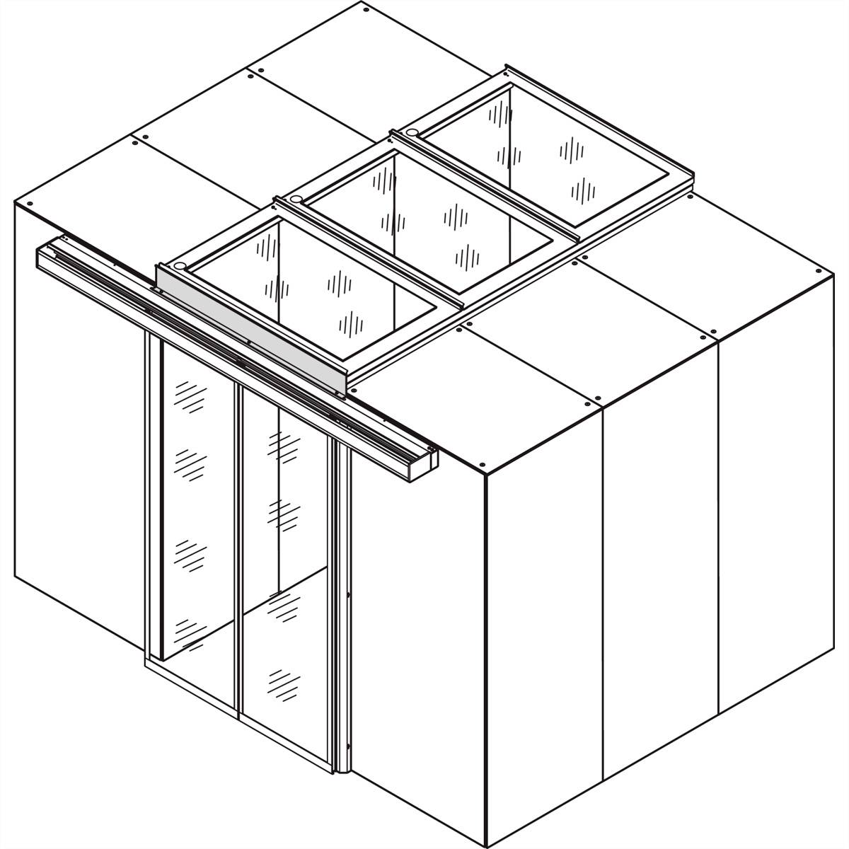 Ein isometrisches Diagramm eines rechteckigen Gebäudekomplexes mit Glasfenstern und Schiebetüren.