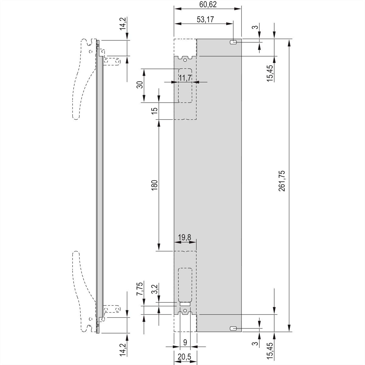 Technische Zeichnung eines Möbelstücks mit genauen Maßen. Breite: 60,62 cm, maximale Höhe: 261,75 cm. Mehrere Details wie Griffe und Löcher markiert.