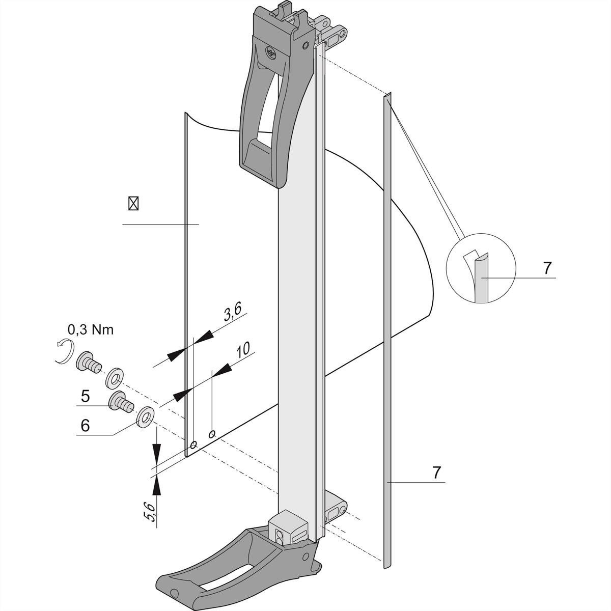Technische Zeichnung eines Fahrradständers mit Montageanleitung. Zeigt Schraubenpositionen und Drehmoment von 0,3 Nm für die Befestigung.