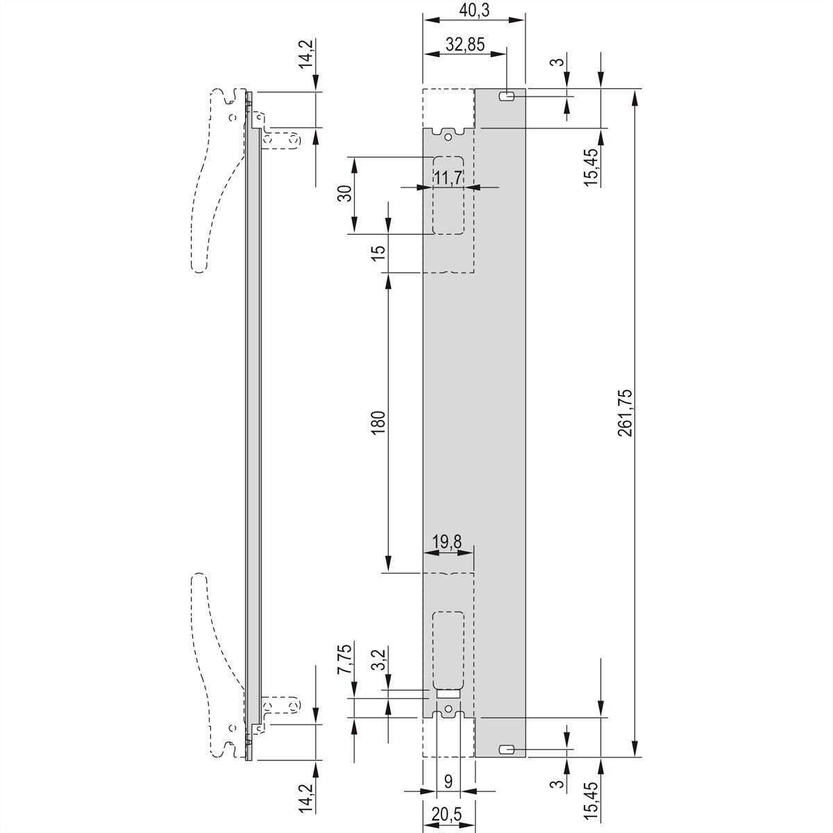 Technische Zeichnung eines Bauteils in Vorder- und Seitenansicht mit spezifischen Abmessungen und Toleranzen in Millimetern.