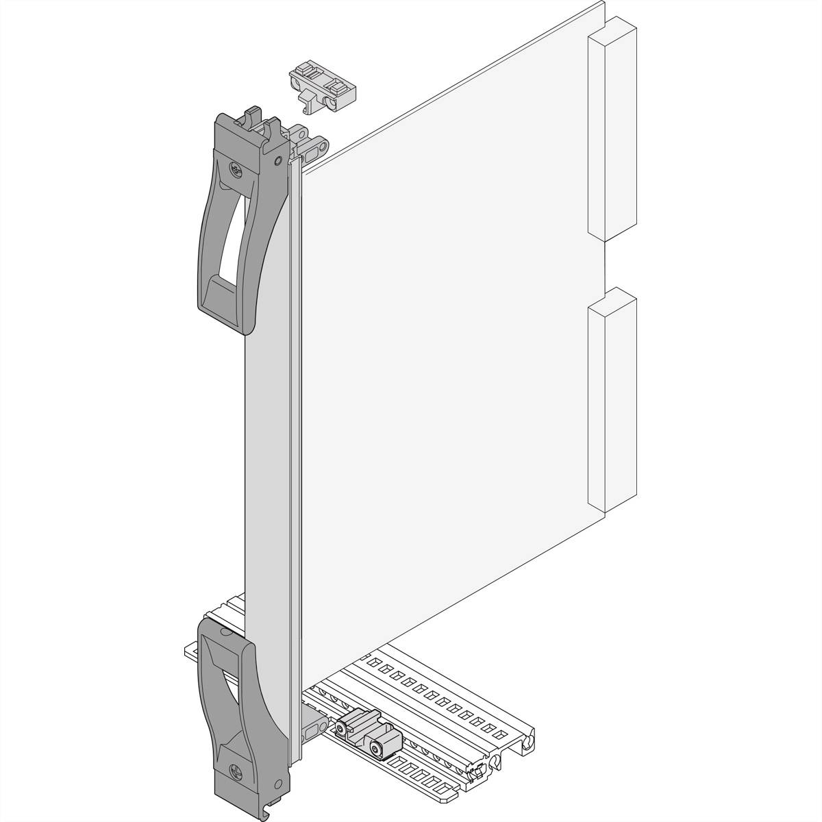 Isometrische Zeichnung eines Montagerahmens mit seitlichen Griffen und Schienen, bereit für ein montierbares Rechteckpanel.