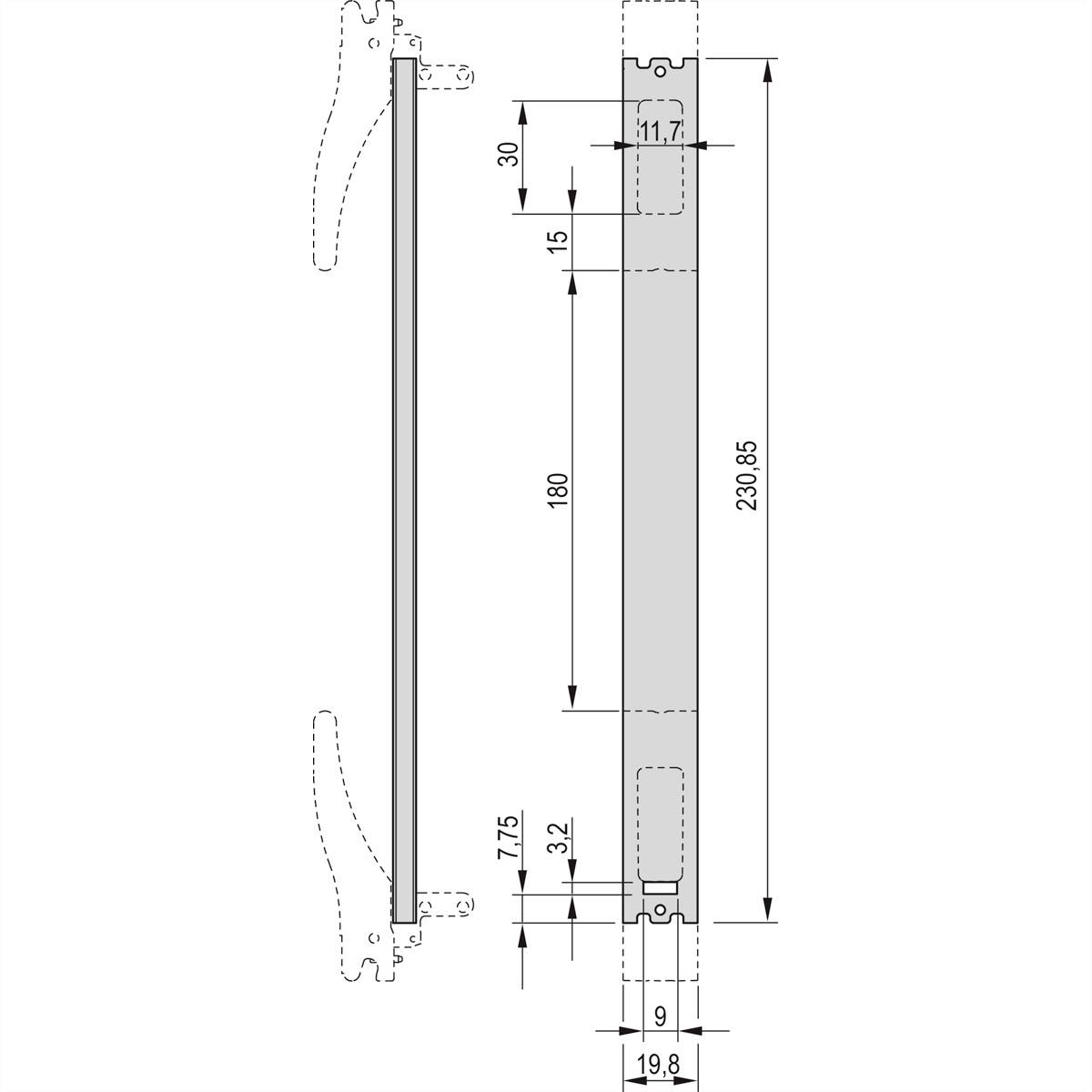 Technische Zeichnung eines Bauteils mit Maßen. Länge 230,85, Breite 11,7, andere Abmessungen variieren. Keine weiteren Textelemente.