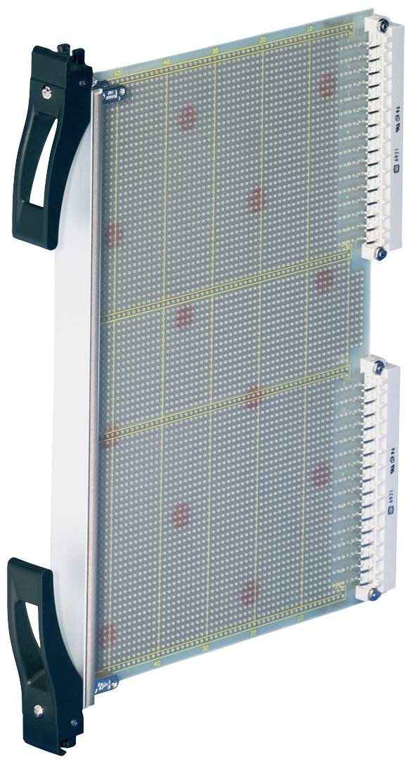 Ein elektronisches Steckbrett mit grüner Oberfläche, rot markierten Punkten und zwei Griffen, geeignet für Hardwaretests und Prototypenentwicklung.