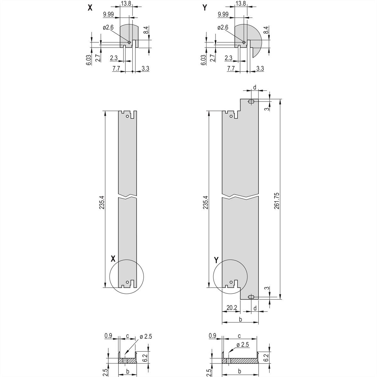 Technische Zeichnung eines Bauteils mit Bemaßungen. Zwei Ansichten sind abgebildet, beide zeigen Längen, Breiten und Durchmesser.
