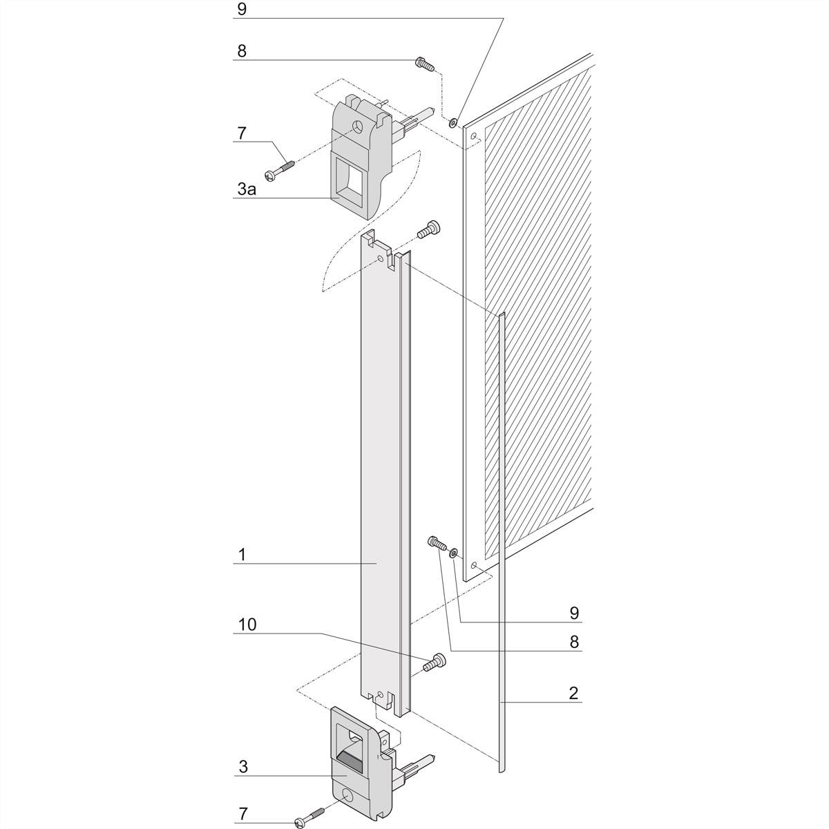 Eine technische Zeichnung: Explosionsansicht einer Türschließerinstallation mit nummerierten Teilen, Scharnieren und Montagekomponenten.