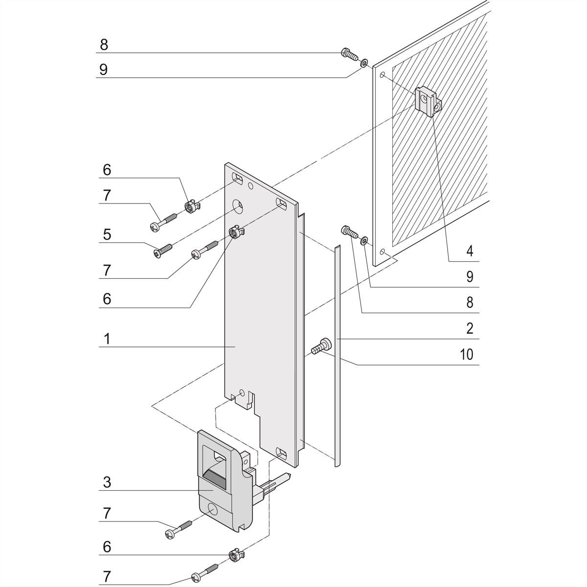 Technische Zeichnung eines Schlosssystems, das Teile wie Platte, Schrauben und Halterungen zeigt, nummeriert von 1 bis 10.