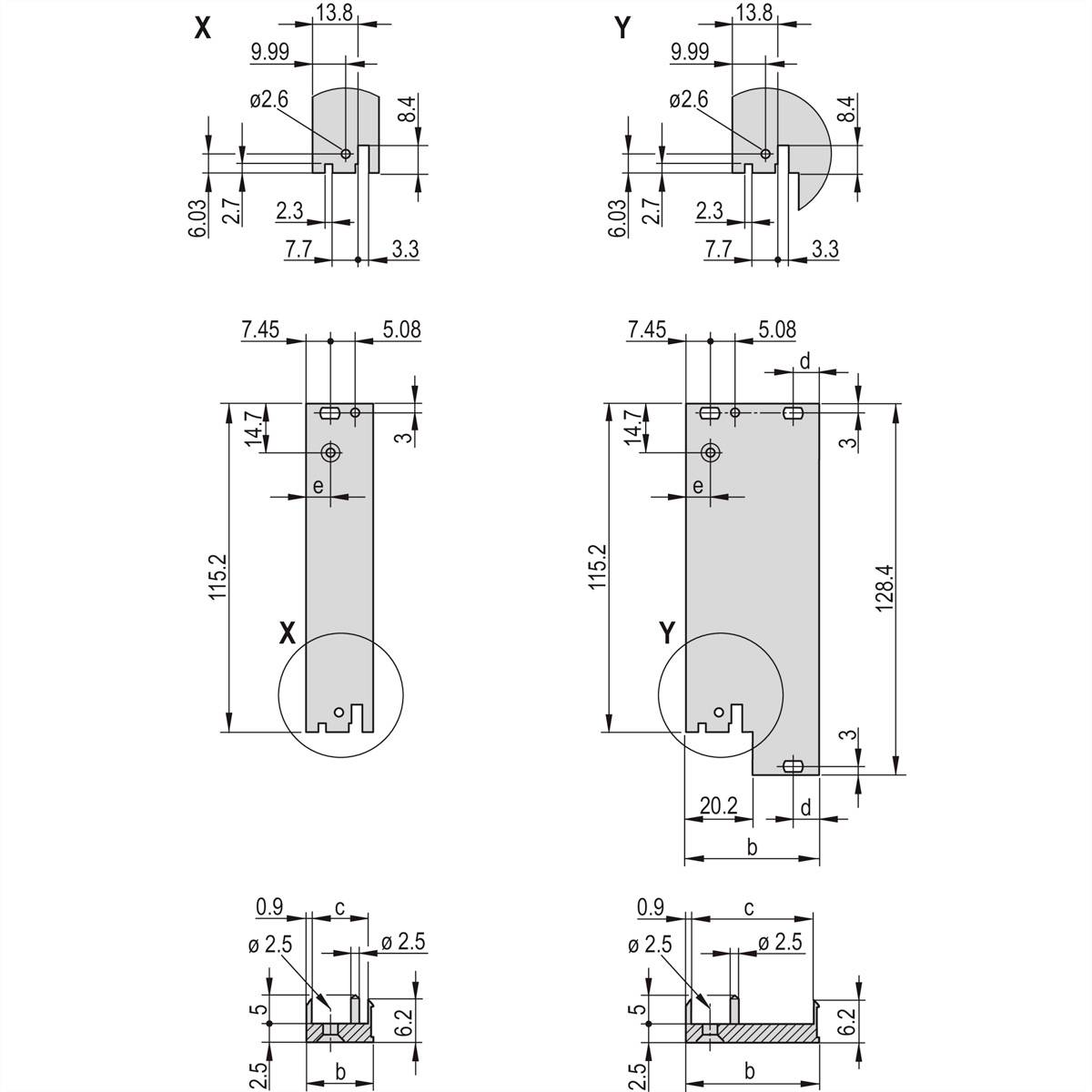 Technische Zeichnung zweier ähnlicher mechanischer Teile mit Beschriftungen und Maßen. Teile X und Y sind mit Maßangaben versehen.