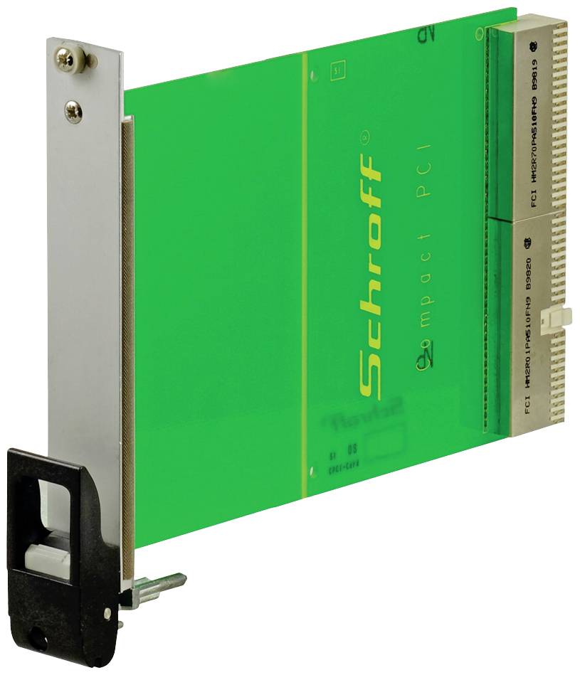 Einschubkarte mit grünem PCB und Griff, Schroff-Logo erkennbar. Links befindet sich eine Metallschiene zur Befestigung.