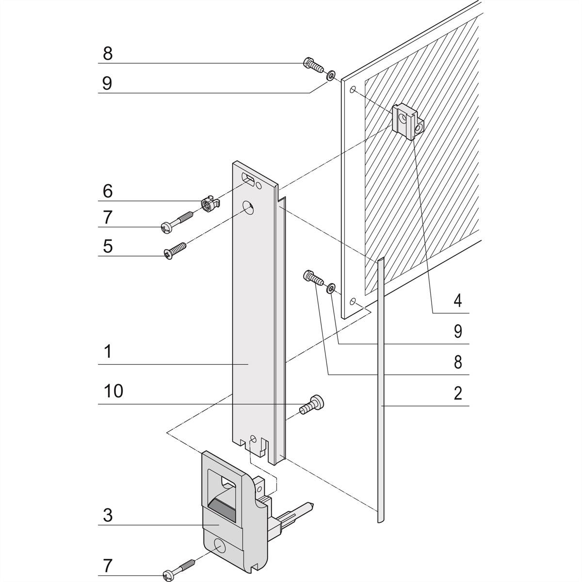 Explosionszeichnung einer Wandhalterung. Einzelteile mit Nummern gekennzeichnet: Montagerahmen, Schrauben, Halterungskomponenten.