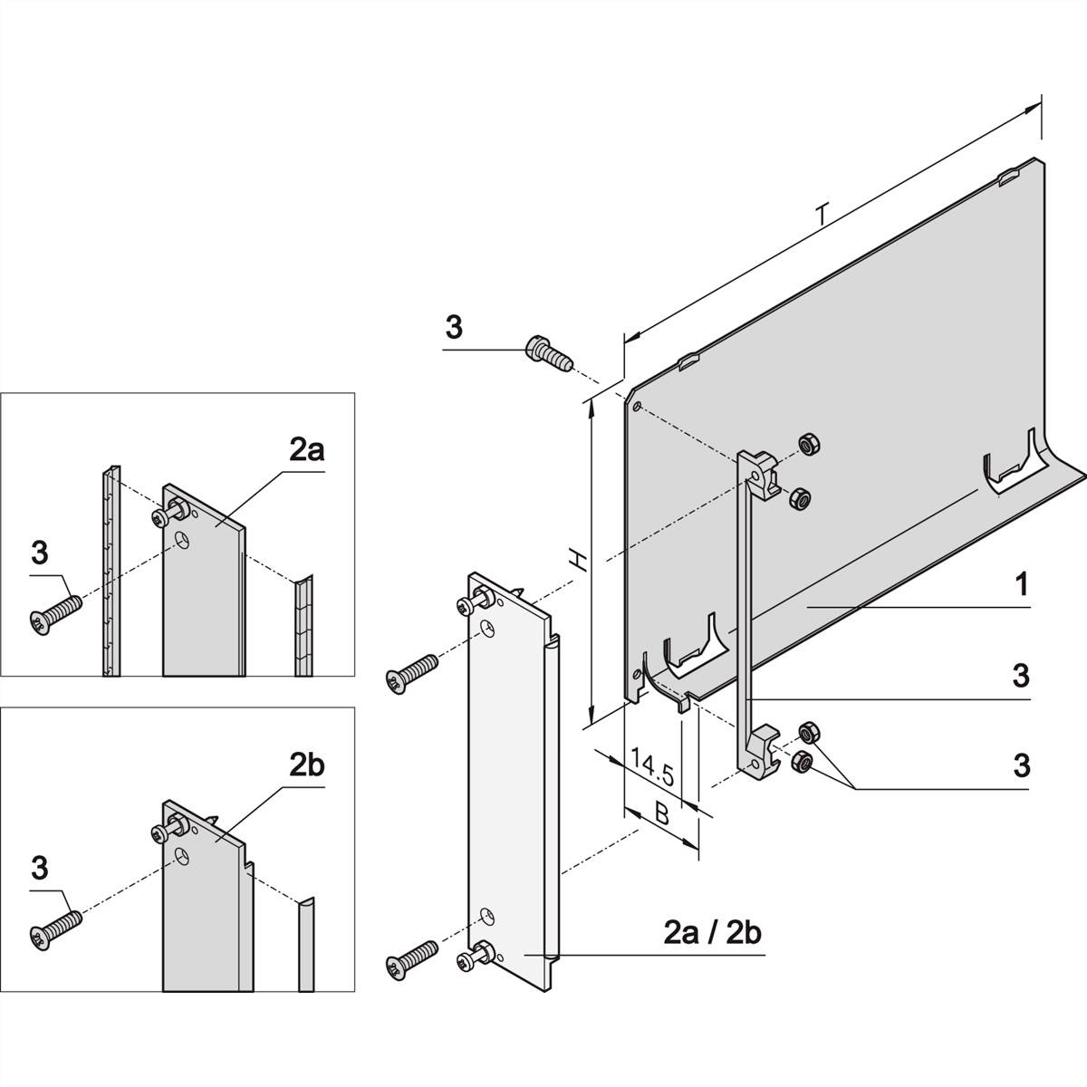 Montageanleitung für eine Wandhalterung: Schritte 1 bis 3, mit markierten Positionen für Schrauben und Halterungsteile, Seitenansicht eingeschlossen.
