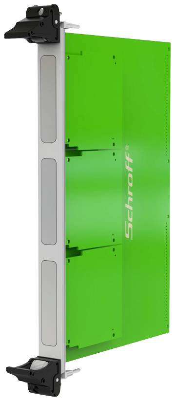 Ein grünes Elektronikgehäuse mit der Aufschrift 'Schroff', vertikal gehalten, mit Halterungen an den Enden.