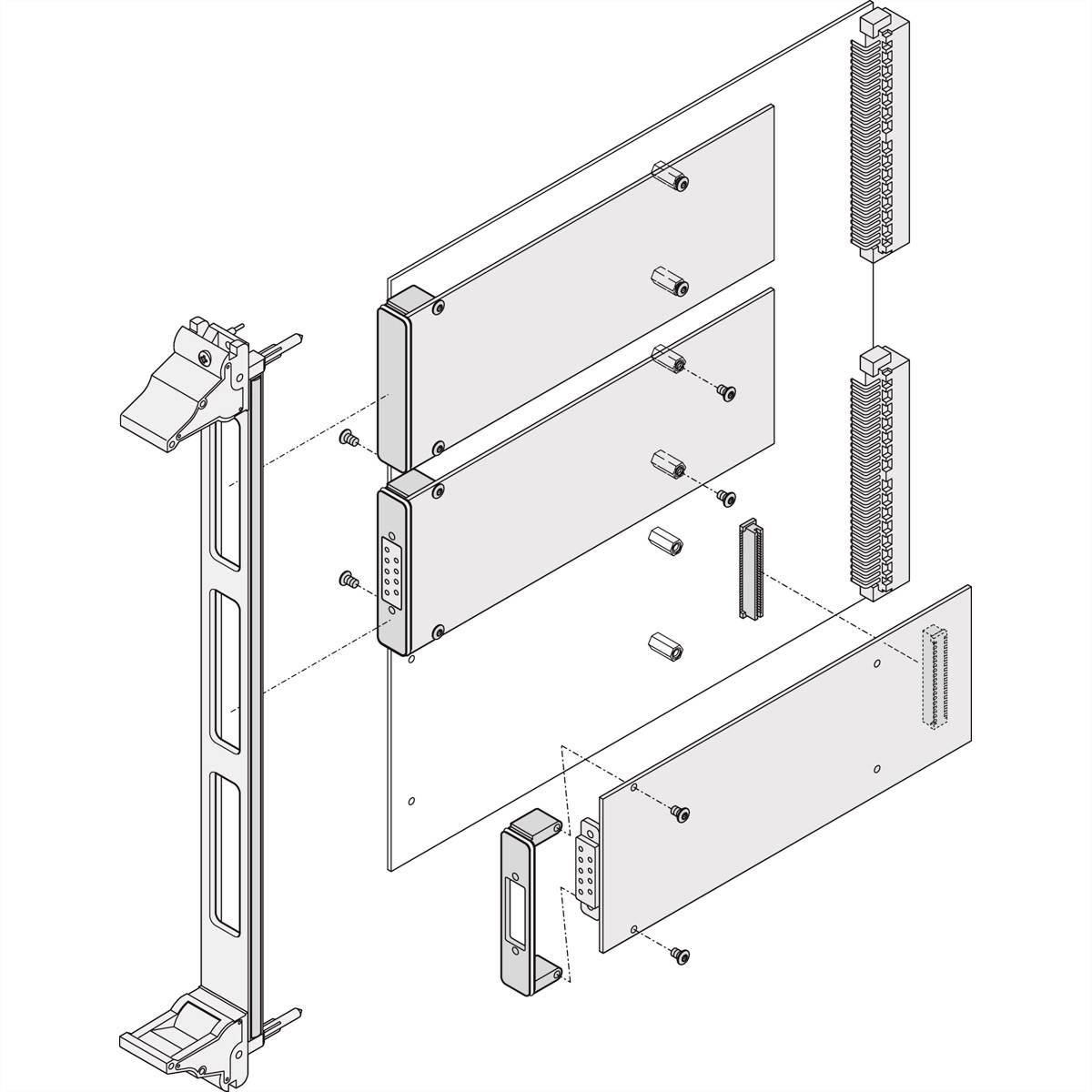 Explosionszeichnung eines Computerbauteils: Gehäuse, Steckkarten und Schrauben werden schichtweise gezeigt. Oberer rechter Anschlussblock.