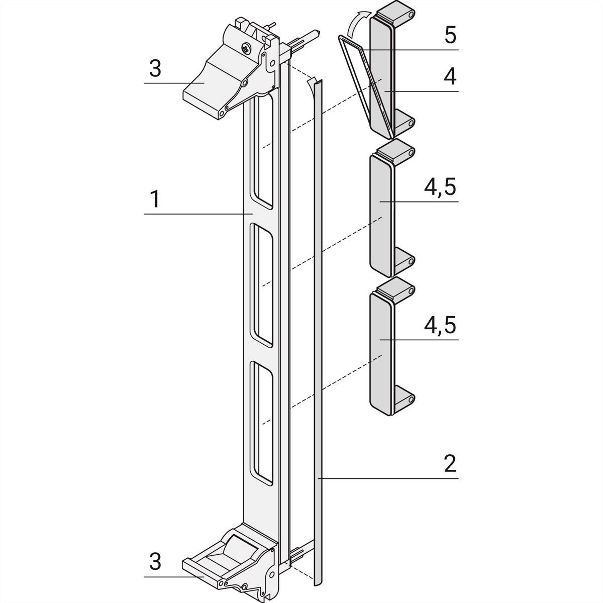 Technische Zeichnung eines Metallrahmens mit Nummern für Bauteile. Nummern: 1, 2, 3 bezeichnen den Hauptkörper und Halterungen; 4, 5 zeigen Zubehörteile.