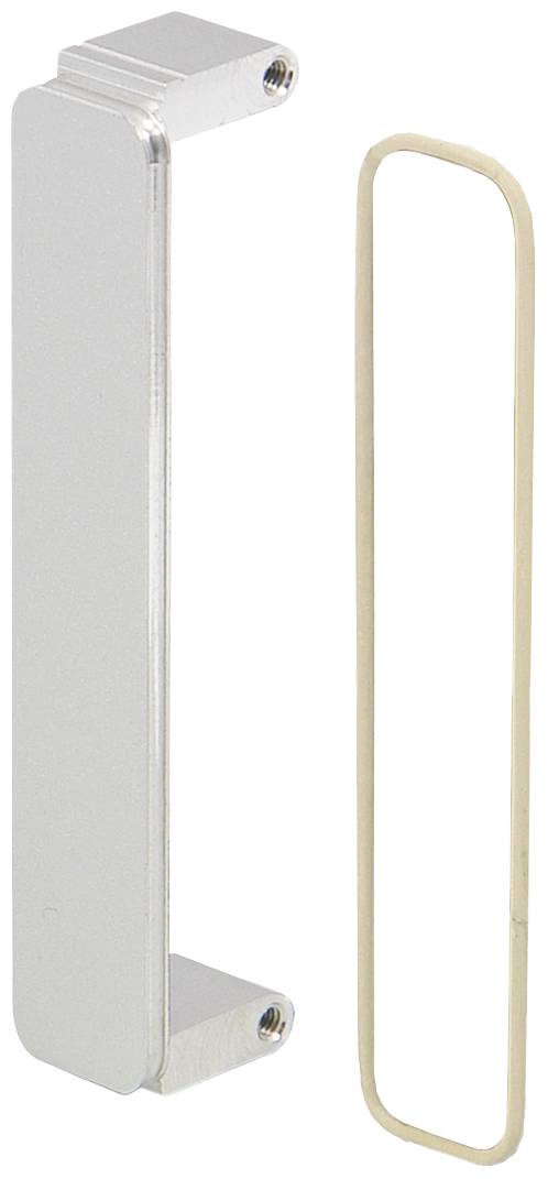 Eine silberne Metallgriffleiste neben einer beige Dichtung, wahrscheinlich Teil eines Möbelstücks oder Geräts.