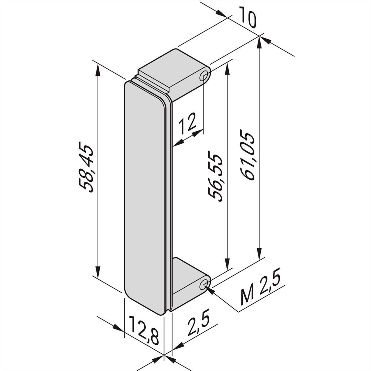 Technische Zeichnung eines rechteckigen Griffs mit detaillierten Abmessungen: Länge 61,05 mm, Breite 12,8 mm, Bohrung M 2,5.
