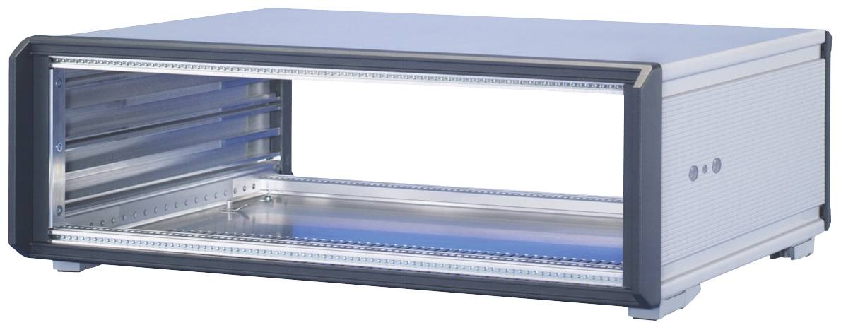 Ein silbernes, rechteckiges Elektronikgehäuse mit transparentem Frontpanel, geeignet für den Einbau von Komponenten und Modulen.