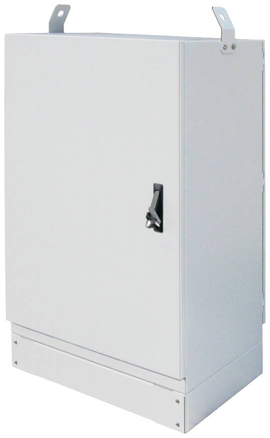Ein verschlossenes, weißes Metallschrankgehäuse mit Griff und Befestigungslaschen an der Oberseite, geeignet für Elektronikkomponenten.