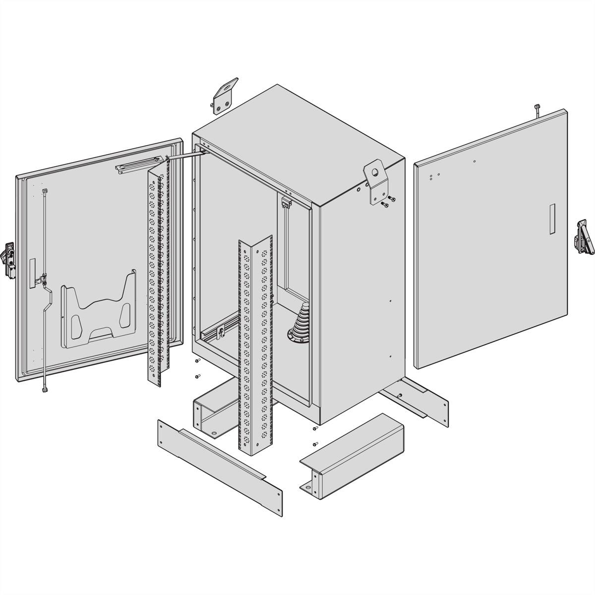 Explosionsdiagramm eines elektrischen Gehäuses mit geöffneten Seitentüren, Frontplatten und sichtbaren internen Komponenten.
