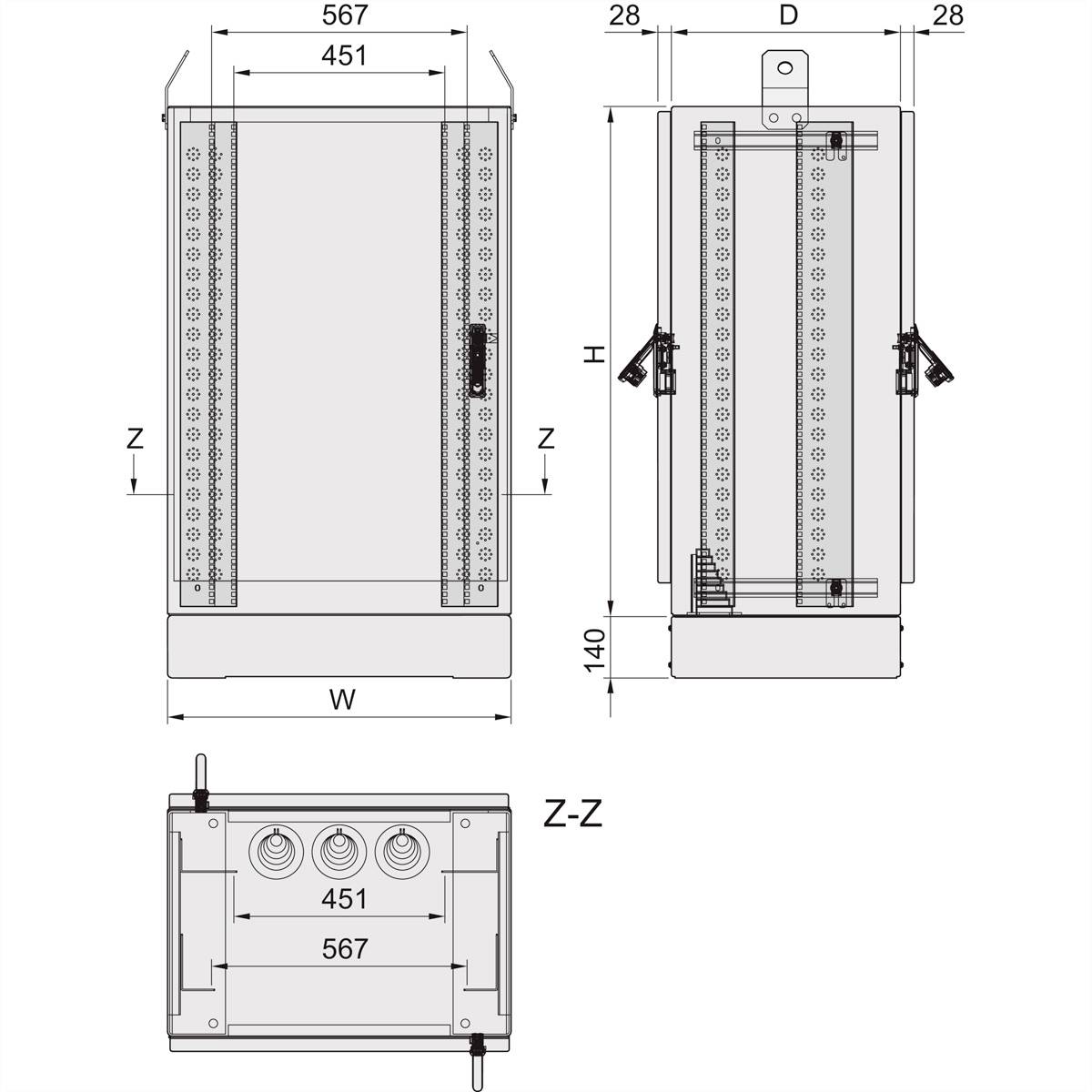 Technische Zeichnung eines Schaltschranks mit Front- und Seitenansicht. Maße sind in Millimetern angegeben.