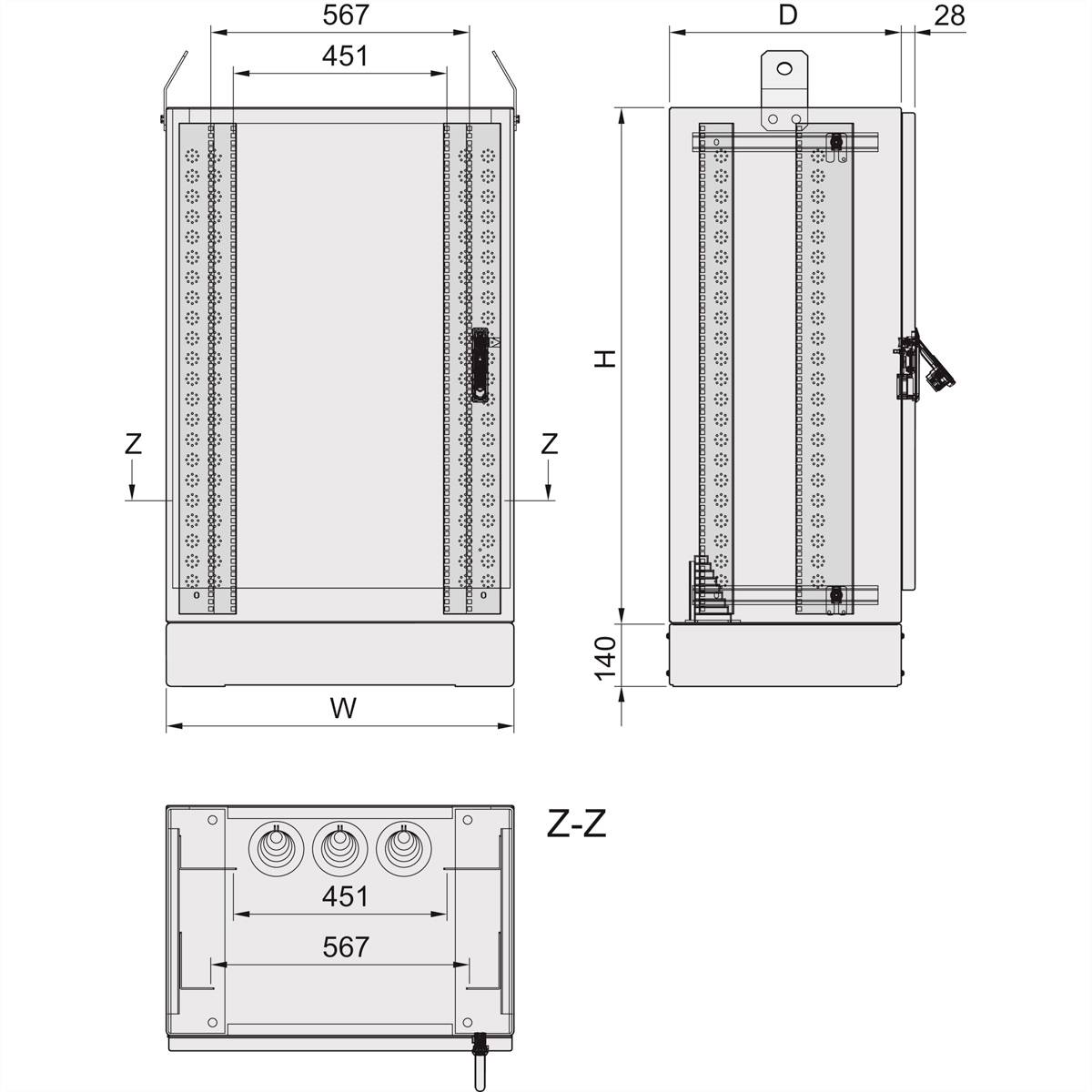 Technische Zeichnung eines rechteckigen Geräts mit Maßen: Breite 567 mm, Tiefe D, Höhe H. Enthält Anschlüsse und Steuerknopf.