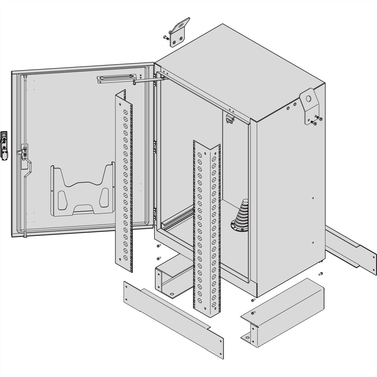 Explosionszeichnung eines Schaltschranks mit geöffneten Türen, die innere Struktur und abnehmbare Teile, wie Halterungen und Abdeckungen, zeigen.