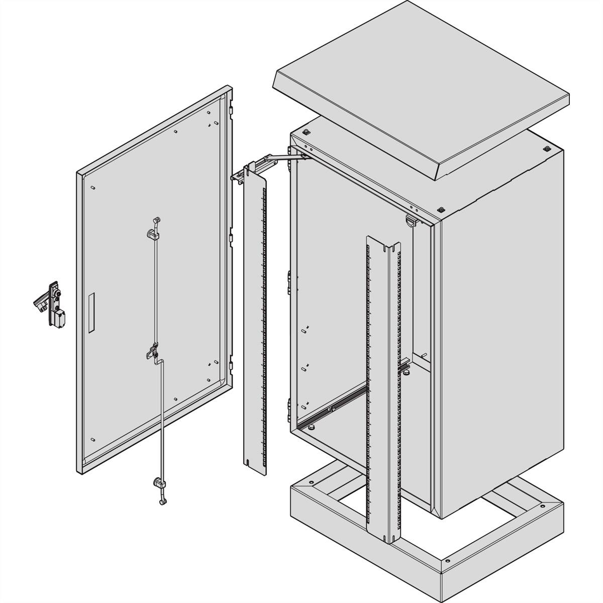 Offener Schaltschrank mit abgenommener Tür, zeigt interne Montageschienen und eine entfernte Schlossmechanik.