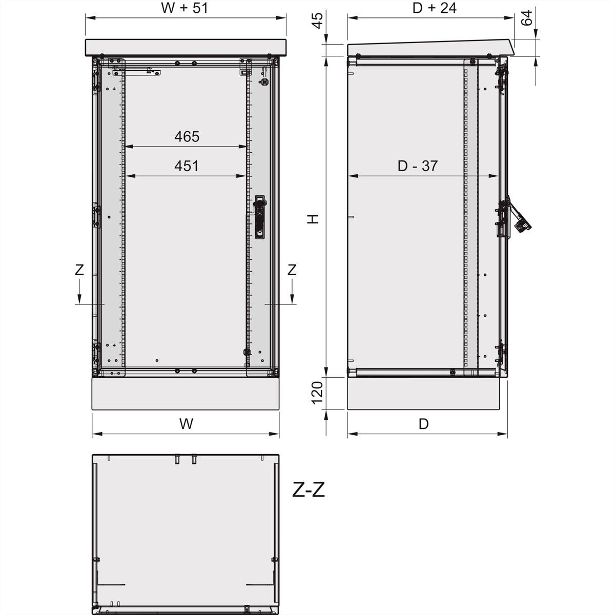 Technische Zeichnung eines rechteckigen Schranks mit Front-, Seiten- und Oberansicht. Maße und Abstände sind mit Pfeilen markiert.