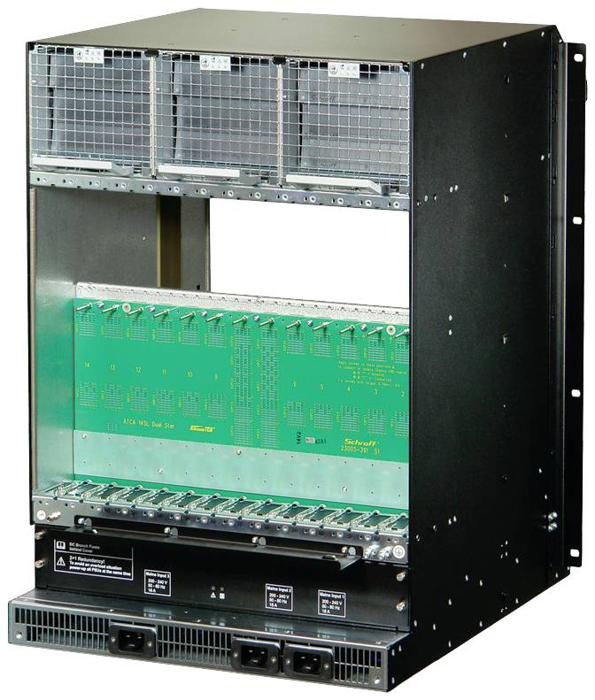 Rack mit Netzwerkhardware, bestehend aus einem großen, offenen Gehäuse mit mehreren Einschüben für Steckkarten und Lüftungsgitter oben.