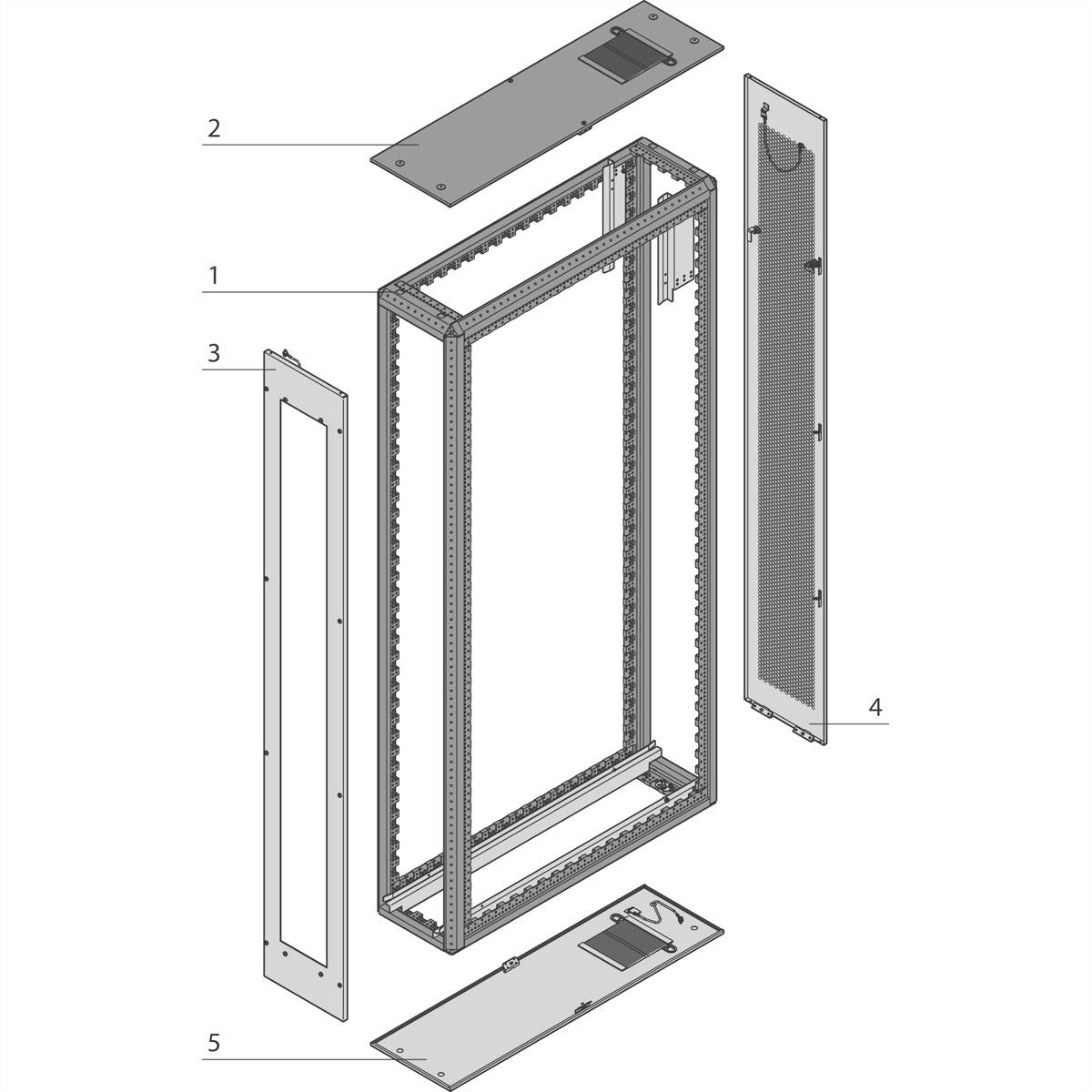 Explosionsansicht eines Schaltschranks mit nummerierten, abnehmbaren Elementen: Gehäuse, Ober- und Unterteil, zwei Seitenwände.
