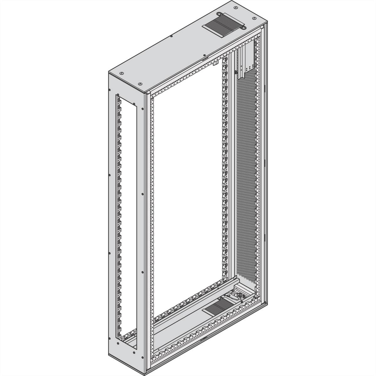 Metallrahmen-Schrank ohne Türen oder Paneele, geeignet für die Aufnahme von Servern oder anderen IT-Komponenten in einem Rechenzentrum.