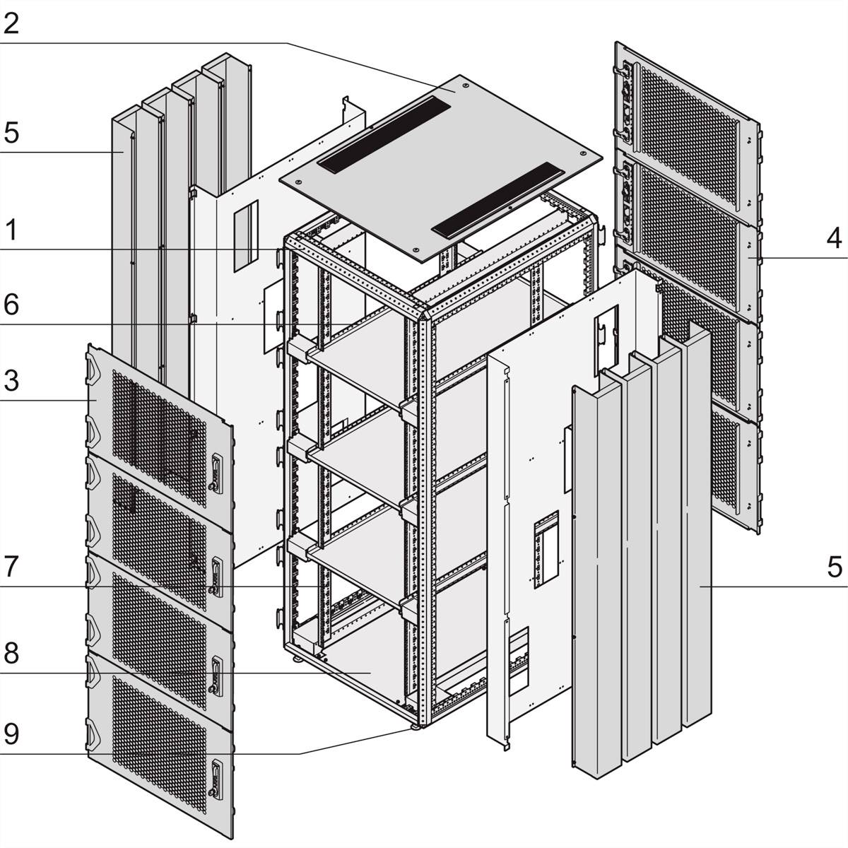 Explosionszeichnung eines Serverracks mit entfernbaren Teilen, darunter seitliche Panels, Front- und Rücktüren, und interne Regale, nummerierte Beschriftungen.