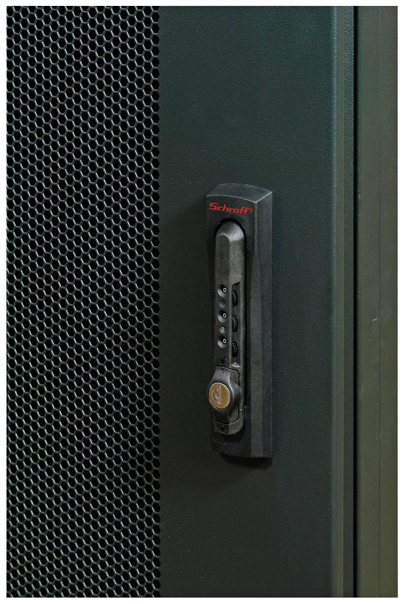 Gepunktete Metalltür mit schwarzem Griff und elektronischem Zahlenschloss, gesichert durch Schlüsselloch und Markenlogo.