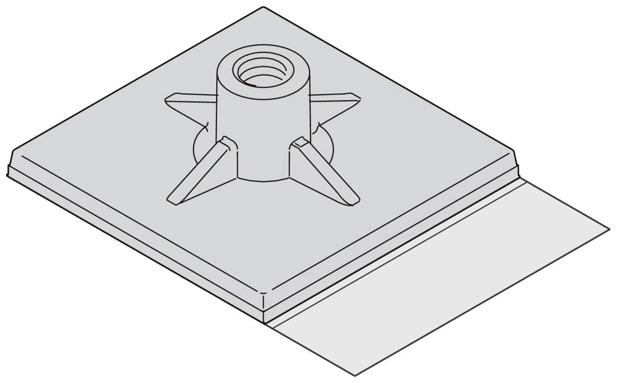 Abbildung eines Befestigungselements mit sechseckigem Aufsatz und sternförmiger Basis, geeignet zur Montage auf ebenen Flächen.