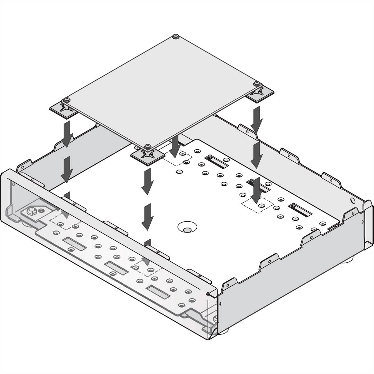Abbildung zeigt eine schematische Darstellung, wie eine obere Platte auf ein Gehäuse montiert wird. Pfeile illustrieren die Einfügerichtung.