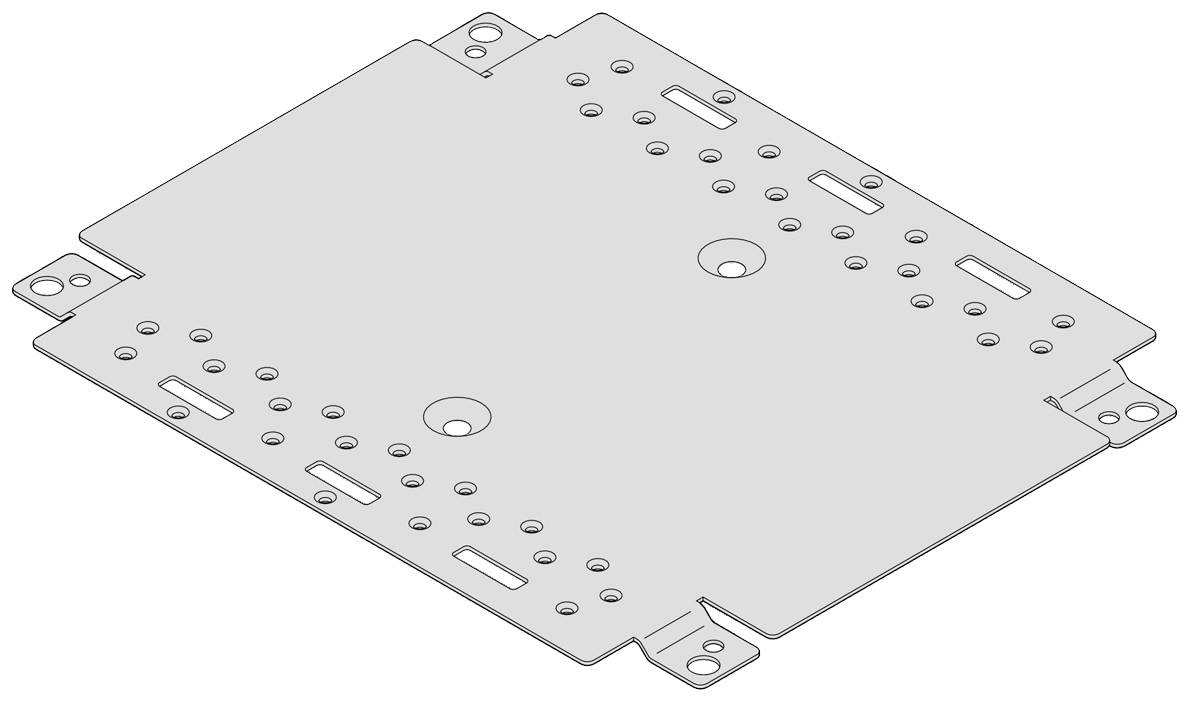 Metallplatte mit mehreren Löchern und Aussparungen, vermutlich für Befestigungszwecke in technischen oder mechanischen Anwendungen.