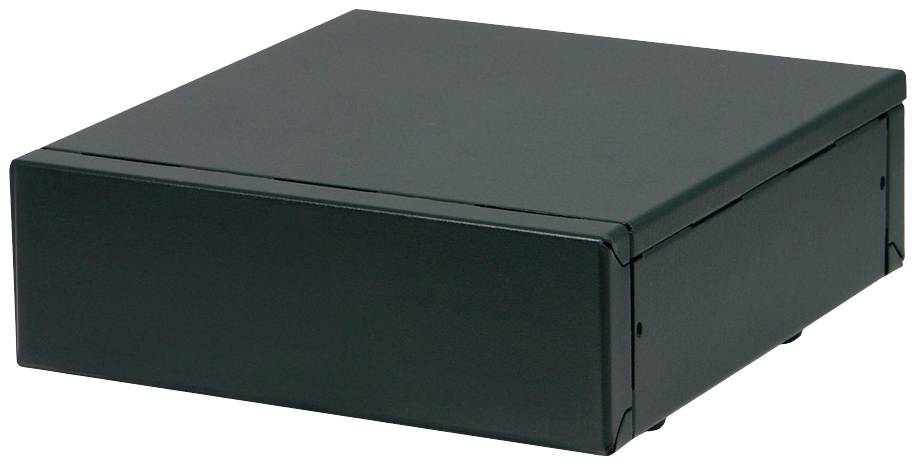 Ein rechteckiger, schwarzer Metallkasten mit einer leicht abnehmbaren oberen Abdeckung, vermutlich ein Elektronikgehäuse.