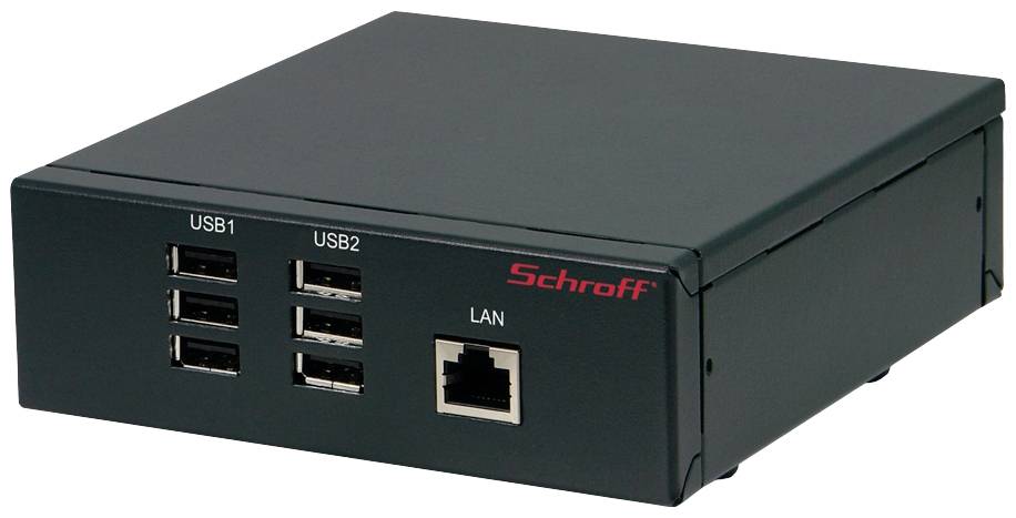Schwarzes elektronisches Gerät mit vier USB-Ports und einem LAN-Port auf der Vorderseite, markiert mit 'Schroff'.
