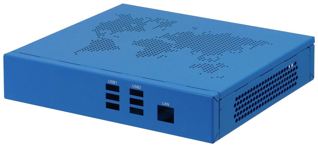 Ein blaues elektronisches Gerät mit einer stilisierten Weltkarte darauf. Es hat USB-Ports und einen LAN-Port an der Vorderseite.