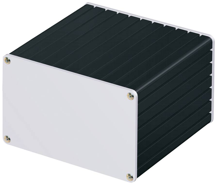 Ein rechteckiges, schwarzes Elektronikgehäuse mit abnehmbarem weißen Deckel und vier Schrauben an den Ecken.