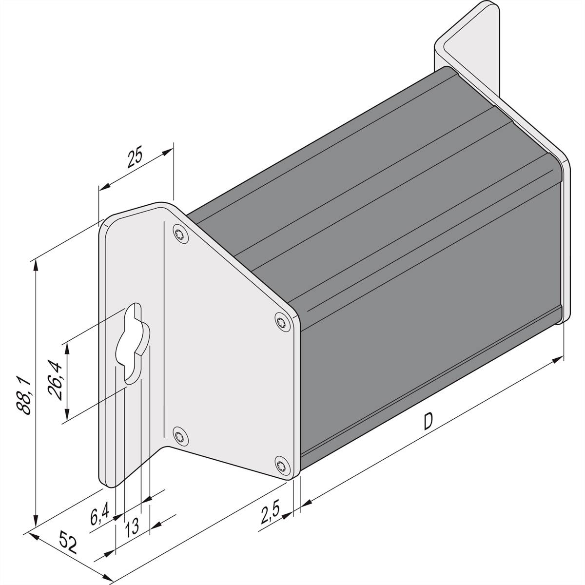 Technische Zeichnung eines rechteckigen Bauteils mit Maßen. Zeigt Befestigungslöcher, L-förmige Halterungen und Maßangaben in Millimetern.