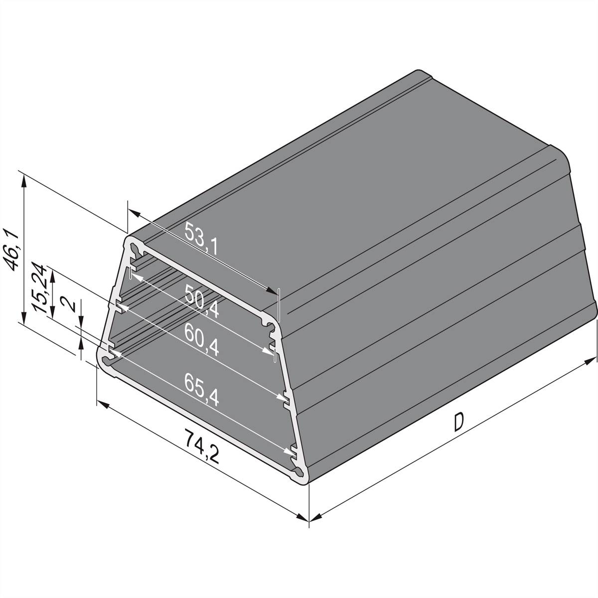 Technische Zeichnung eines trapezförmigen Aluminiumprofils mit detaillierten Abmessungen: Höhe 46,1 mm, Breite oben 53,1 mm, unten 74,2 mm.