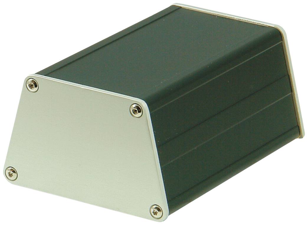 Ein schwarzes, rechteckiges Metallgehäuse mit silbernen Endplatten und Schrauben, möglicherweise für elektronische Geräte.