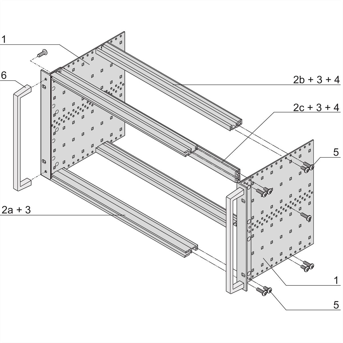 Montageanleitung für Schublade: Schrauben (1), Führungen (2a, 2b, 2c), Rahmenteile (3, 4), Seitenteile (5), Beschlag (6).
